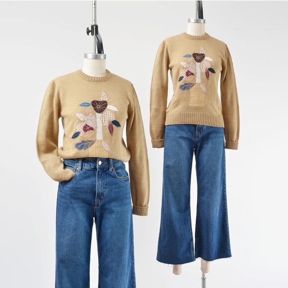 Vintage 70s Flower Pot Sweater Floral Crewneck Fitted Boho Hippie XS S